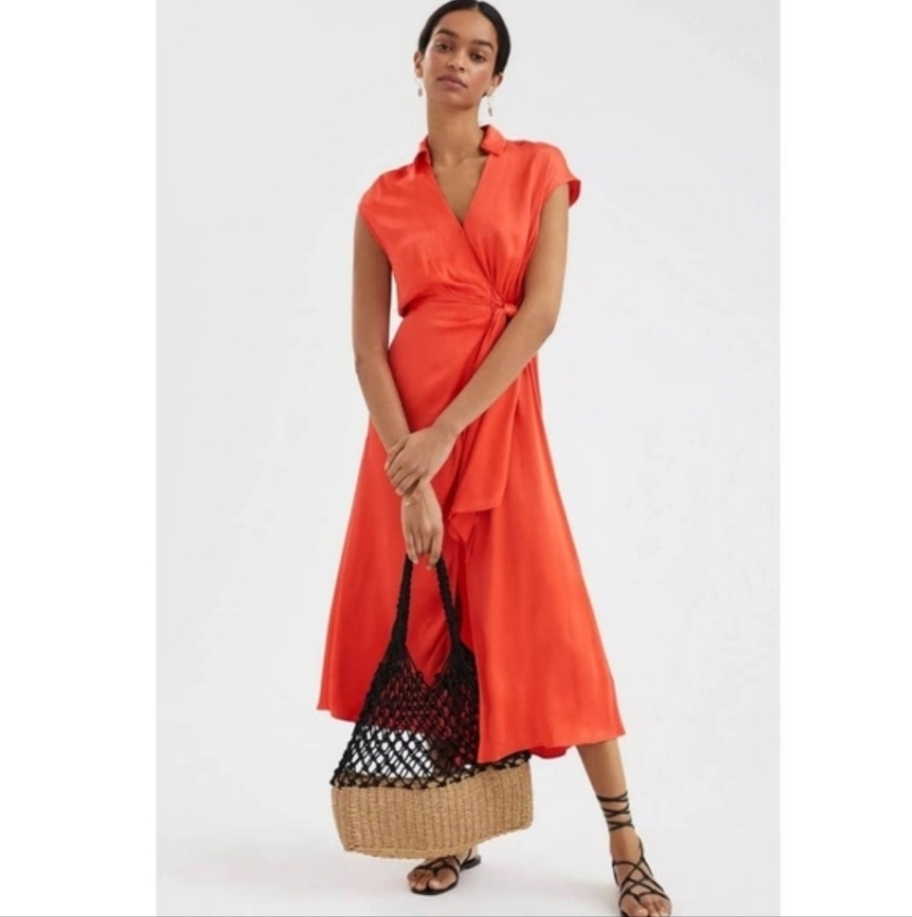 Anthropologie Maeve Open Back Faux Wrap Satin Midi Dress Coral Orange Size Small